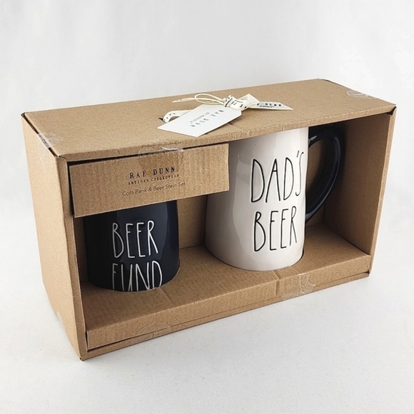 Rae Dunn Coin Bank "Beer Fund" & Beer Stein "Dad's Beer" 2 Piece Set Navy White - Picture 1 of 8